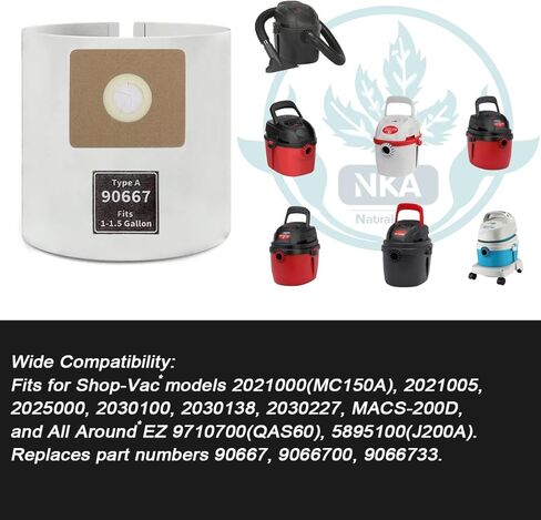 6 Pack 90667 Vacuum Bags Compatible with Shop-Vac 1-1.5 Gallon Wet/Dry Vacuum - Type A Filter Bags for Models 2021000, 2030100, QAS60 - Replaces 9066700, 9066733 in Kuwait