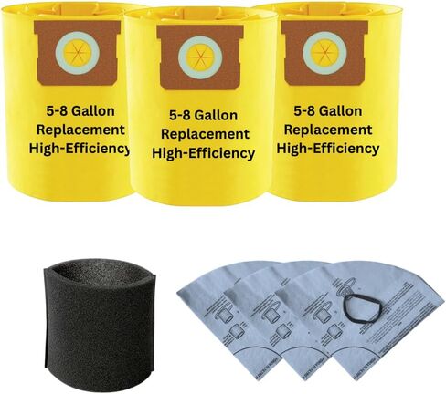 3 عبوات من أكياس الغبار عالية الكفاءة للمكانس الكهربائية Shop-Vac سعة 5-8 جالون - VacBagsUSA، تتضمن فلتر رغوي ومرشحات قرصية جافة، ملاءمة مثالية in Kuwait