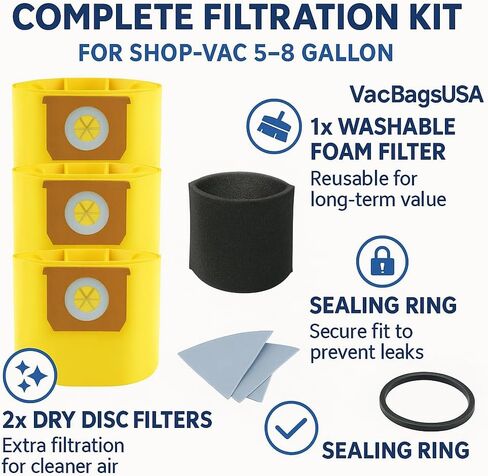 3 عبوات من أكياس الغبار عالية الكفاءة للمكانس الكهربائية Shop-Vac سعة 5-8 جالون - VacBagsUSA، تتضمن فلتر رغوي ومرشحات قرصية جافة، ملاءمة مثالية in Kuwait