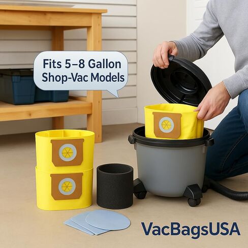 3 عبوات من أكياس الغبار عالية الكفاءة للمكانس الكهربائية Shop-Vac سعة 5-8 جالون - VacBagsUSA، تتضمن فلتر رغوي ومرشحات قرصية جافة، ملاءمة مثالية in Kuwait