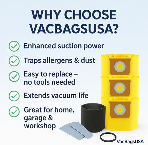 3 عبوات من أكياس الغبار عالية الكفاءة للمكانس الكهربائية Shop-Vac سعة 5-8 جالون - VacBagsUSA، تتضمن فلتر رغوي ومرشحات قرصية جافة، ملاءمة مثالية in Kuwait