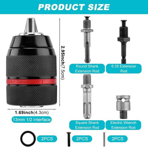 Keyless Drill Chuck, 1/2-20UNF Mount 1.5-13mm Self-tighten Drill Chuck Quick Change Impact, 3/8" to 1/2" (Black) in Kuwait
