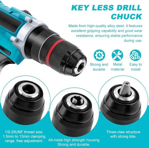 Keyless Drill Chuck, 1/2-20UNF Mount 1.5-13mm Self-tighten Drill Chuck Quick Change Impact, 3/8" to 1/2" (Black) in Kuwait