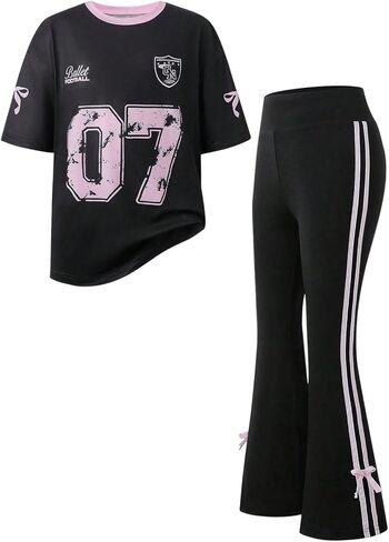 RoseSeek Girl's Clothing Sets Number Graphic Short Sleeve Jersey Shirts and Bow Flare Leggings Y2K Outfits in Saudi Arabia