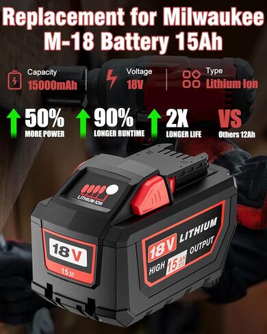 استبدال HOCHSTERN 2Pack 15.0Ah لبطارية Milwaukee M18 ومجموعة الشاحن المتوافقة مع بطارية Milwaukee 18V وأدوات الطاقة اللاسلكية 18 فولت (أحمر) in Saudi Arabia
