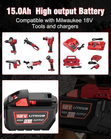 استبدال HOCHSTERN 2Pack 15.0Ah لبطارية Milwaukee M18 ومجموعة الشاحن المتوافقة مع بطارية Milwaukee 18V وأدوات الطاقة اللاسلكية 18 فولت (أحمر) in Saudi Arabia