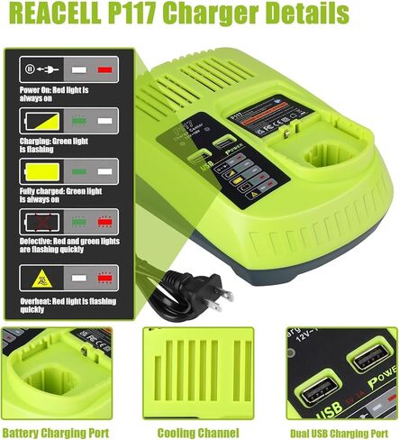 2 حزمة بطارية P102 18 فولت مع مجموعة شاحن P117 متوافقة مع بطارية RYOBI 18 فولت P103 P104 P105 P108 P197 P189 PBP005 أدوات كهربائية لاسلكية in Kuwait
