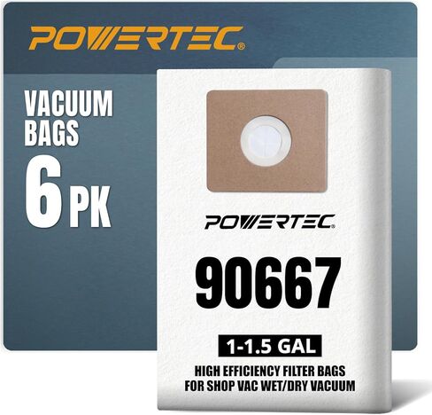 أكياس مكنسة كهربائية POWERTEC 90667 Shop 6PK، لمتجر Vac Type A 9066700، 9066733 أكياس فلتر، استبدال 1-1.5 جالون لأكياس Shop Vac، ملحقات المكنسة الكهربائية (75079V) in Kuwait