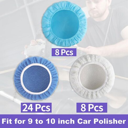 40 PCS Polishing Bonnet Pads,9 to 10 Inches Buffer Pads Bulk,Car Polisher Pad Bonnet,Car Buffer Bonnets,Buffing Pad Cover for Cleaning and Polishing,Mix Pack 24 Microfiber,8 Non-Woven,8 Woolen in Kuwait