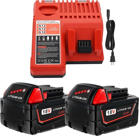 Worthmah 2 حزمة 5.0Ah 18V بطاريات وشاحن استبدال لبطارية ميلووكي M18 48-11-1850، متوافق مع m18 ميلووكي شاحن البطارية كومبو 48-11-1860 48-11-1815 48-11-1820 48-11-1828 in Kuwait