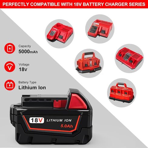 Worthmah 2 حزمة 5.0Ah 18V بطاريات وشاحن استبدال لبطارية ميلووكي M18 48-11-1850، متوافق مع m18 ميلووكي شاحن البطارية كومبو 48-11-1860 48-11-1815 48-11-1820 48-11-1828 in Kuwait