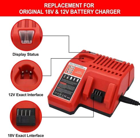 Worthmah 2 حزمة 5.0Ah 18V بطاريات وشاحن استبدال لبطارية ميلووكي M18 48-11-1850، متوافق مع m18 ميلووكي شاحن البطارية كومبو 48-11-1860 48-11-1815 48-11-1820 48-11-1828 in Kuwait