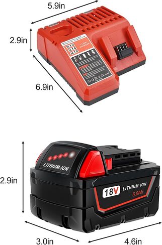 Worthmah 2 حزمة 5.0Ah 18V بطاريات وشاحن استبدال لبطارية ميلووكي M18 48-11-1850، متوافق مع m18 ميلووكي شاحن البطارية كومبو 48-11-1860 48-11-1815 48-11-1820 48-11-1828 in Kuwait