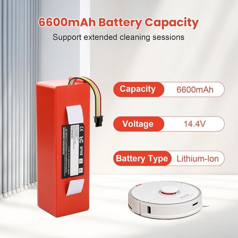 6500mAh Rechargeable Battery Pack for Roborock S4 S5 S6 S7 S8 S50 Max/Pure/MaxV/MaxV Ultra, Battery Replacement for Xiaomi Mijia/Mi 1st and 2nd Robot Vacuum Cleaner, 14.4V Lithium-Ion Battery in Kuwait