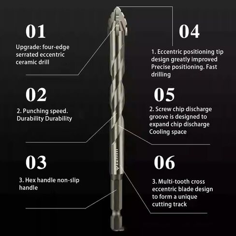 3pcs Carbide Tipped Sawtooth Eccentric Drill Bits, Hex Shank for Ceramic Tile, Cast Iron, Glass, Marble, Concrete, Dry Drilling Tool in Kuwait