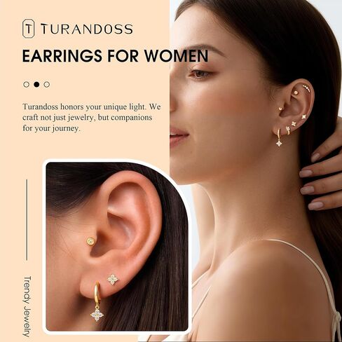Turandoss Gold Earrings for Women, 14K Gold Plated Hypoallergenic Flat Back Earring, Cartilage Stud Hoop Earring Sets for Multiple Piercing, Hoop Earrings for Women in Saudi Arabia