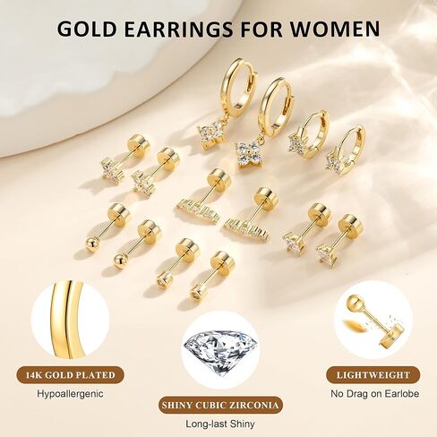 Turandoss Gold Earrings for Women, 14K Gold Plated Hypoallergenic Flat Back Earring, Cartilage Stud Hoop Earring Sets for Multiple Piercing, Hoop Earrings for Women in Saudi Arabia