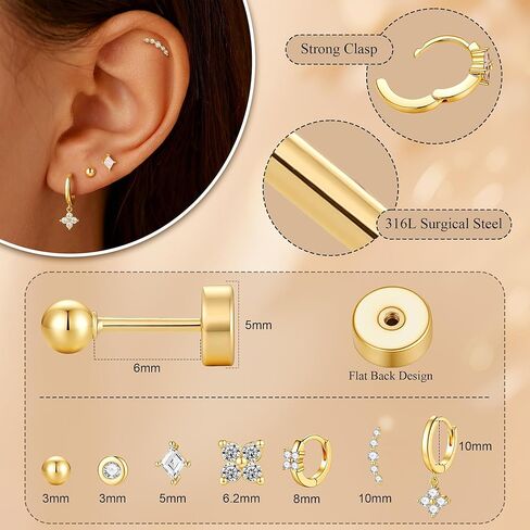 Turandoss Gold Earrings for Women, 14K Gold Plated Hypoallergenic Flat Back Earring, Cartilage Stud Hoop Earring Sets for Multiple Piercing, Hoop Earrings for Women in Saudi Arabia