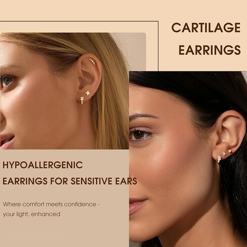 Turandoss Gold Earrings for Women, 14K Gold Plated Hypoallergenic Flat Back Earring, Cartilage Stud Hoop Earring Sets for Multiple Piercing, Hoop Earrings for Women in Saudi Arabia