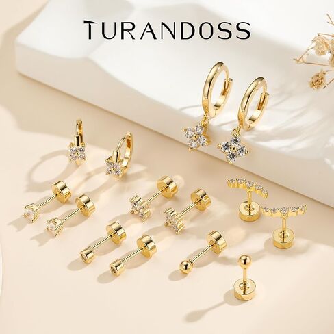 Turandoss Gold Earrings for Women, 14K Gold Plated Hypoallergenic Flat Back Earring, Cartilage Stud Hoop Earring Sets for Multiple Piercing, Hoop Earrings for Women in Saudi Arabia