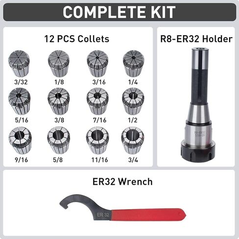 Buyohlic R8 Taper ER32 مجموعة كوليت مجموعة تشاك مع 22 قطعة مجموعة كوليت معالجة CNC، طحن مملة، حفر هجوم حريري (دقة 0.0004 بوصة) in Kuwait