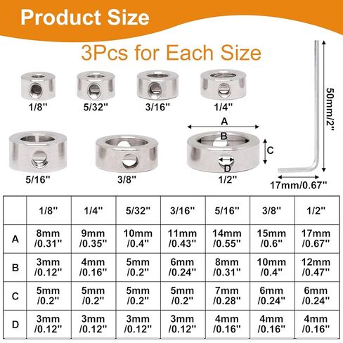 Drill Bit Stop Collar Set, 21 Pieces of Drill Stop Collar Set Woodworking Ring Locator with Wrench (1/8",1/4",5/32",3/16",5/16",3/8",1/2") in Kuwait