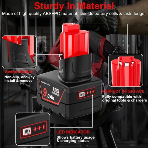 2 Pack 9.0Ah 12V Batteries Compatible with Milwaukee 12V Cordless Tools, Replaces 48-11-2412 48-11-2460 48-11-2401 (Not Made by Milwaukee) in Kuwait