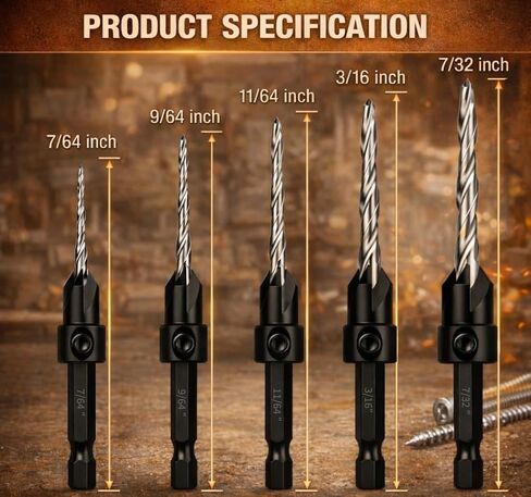 مجموعة لقم مثقاب غاطسة مكونة من 5 قطع، #4#6#8#10#12 (7/64-7/32)، M2 HSS، تصميم 4 فلوت، لقم مثقاب مدببة قابلة للتعديل مع مفتاح سداسي، لقم مثقاب غاطسة للخشب والخزانة والمعادن in Kuwait
