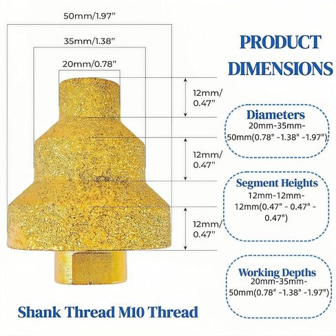2Pcs Diamond Step Drill Bit Set 20mm 35mm 50mm with M10 Thread, Fit for Angle Grinder and Drill, Hole Opener Chamfer Polish Countersink for Tile Concrete Marble Granite Stone in Kuwait