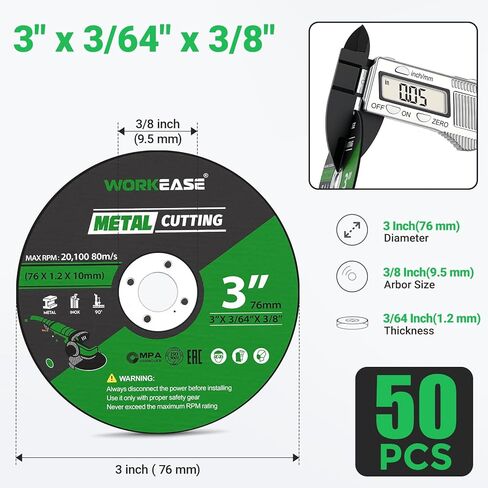 WORKEASE 3 Inch Cut Off Wheel, 50 Pack, 3" x 3/64" x 3/8" Metal Cutting Discs with 1/4" Mandrel for Die Grinder and Rotary Tool, Cut-Off Wheels for Stainless Steel in Kuwait