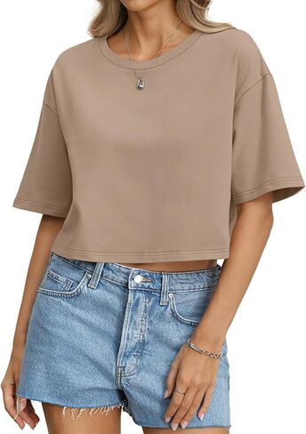 EasyGala المرأة القطن يشبه الصندوق المحاصيل القمم قطرة الكتف فضفاضة تناسب تي شيرت قصير الأكمام Crewneck تيز الصيف ملابس كاجوال in Saudi Arabia