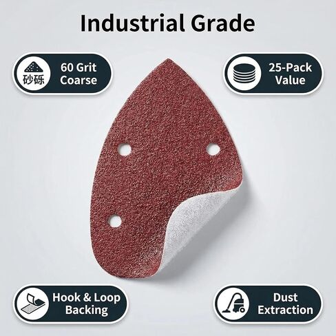 25-Pack 60 Grit Triangle Sandpaper, Pre-Punched Hook and Loop Pads for Detail Sanders, 3.54x5.51 Flocked Sanding Sheets for Wood Metal Auto Body in Kuwait