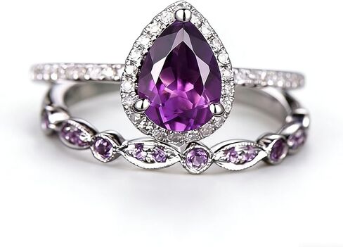 AZQ 925 Sterling Silver Shining Amethyst Ring Tear Drop Shape 3Ct Cubic Zirconia Promise Rings Set CZ Teardrop Halo Ring Eternity Engagement Wedding Band Ring Sets for Women in Saudi Arabia