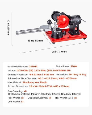 VEVOR Circular Saw Blade Sharpener, 370W 3590RPM Rotary Angle Mill Grinder Sharpening Machine with 5" Grinding Wheel & 6 Saw Centerings - Fits Φ3.2 to Φ27.5 Circular Saw Blades in Kuwait