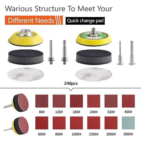 240pcs 2inch Sanding Discs Pad Variety Kit for Drill Grinder Rotary Tools Attachment with 2Pcs 1/8"&1/4" Shank Backer Plate, Sanding Pads Includes 80-3000 Grit in Kuwait