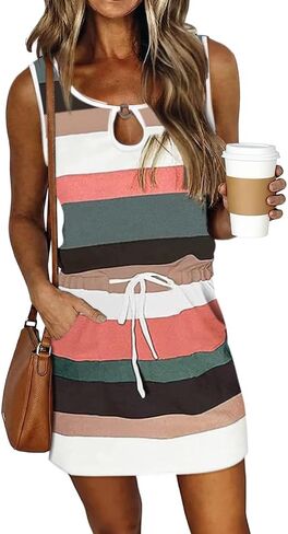 Womens Summer Causal Loose Sleeveless Crew Neck Drawstring Waist Mini Short Dress with Pockets in Saudi Arabia
