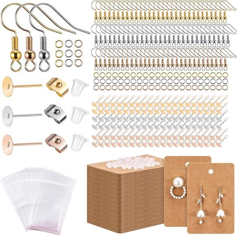 Tondiamo 2100 PCS MONRING MATING TIT ، 600 PCS HALD BRIGY GOLD ، SILVER و GOLD AIR ، 1200 PCS أداة صنع القرط المضادة للحساسية مع حلقات القفز ، 300 PCS بطاقات القرط in Saudi Arabia