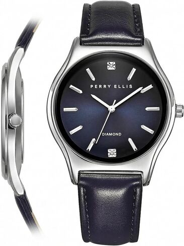 Perry Ellis Slim Diamond Men’s Watch – Blue Sunray Dial, Silver Leather Strap, Water-Resistant Analog in Saudi Arabia