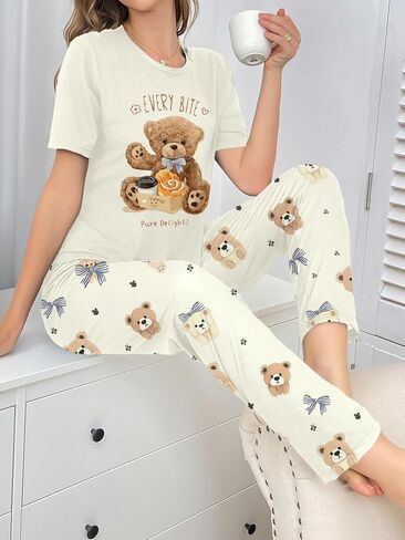 Womens Bear Print Two Piece Pajamas Sets Short Sleeve Shirt and Pants PJS Soft Sleepwear Cute Loungwear in Saudi Arabia