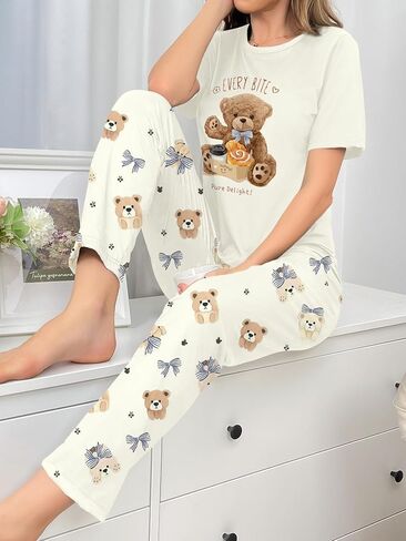 Womens Bear Print Two Piece Pajamas Sets Short Sleeve Shirt and Pants PJS Soft Sleepwear Cute Loungwear in Saudi Arabia