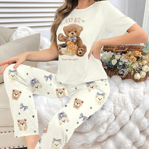 Womens Bear Print Two Piece Pajamas Sets Short Sleeve Shirt and Pants PJS Soft Sleepwear Cute Loungwear in Saudi Arabia