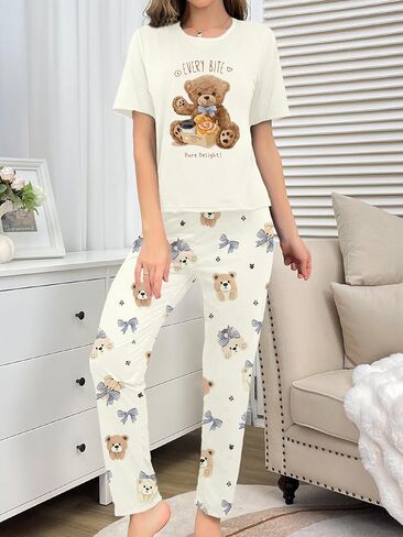 Womens Bear Print Two Piece Pajamas Sets Short Sleeve Shirt and Pants PJS Soft Sleepwear Cute Loungwear in Saudi Arabia