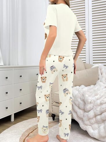 Womens Bear Print Two Piece Pajamas Sets Short Sleeve Shirt and Pants PJS Soft Sleepwear Cute Loungwear in Saudi Arabia