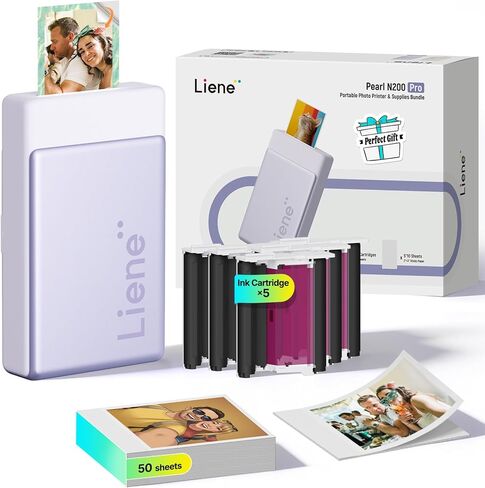 Liene Pearl N200 Pro Portable Photo Printer, Instant Mini Picture Printer for iPhone Smartphone, Thermal Dye Sublimation, Bluetooth Sticker Printer 50 Sheets 2x3 Adhesive Paper & 5 Cartridges, Purple in Saudi Arabia