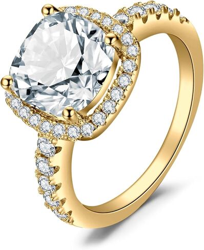 JewelryPalace 3ct وسادة قطع هالة خواتم الخطبة للنساء، 14K مطلية بالذهب 925 الفضة الاسترليني مكعب زركونيا الحب وعد خواتم لها، الذكرى السنوية سوليتير تشيكوسلوفاكيا خاتم الماس مقلد in Kuwait