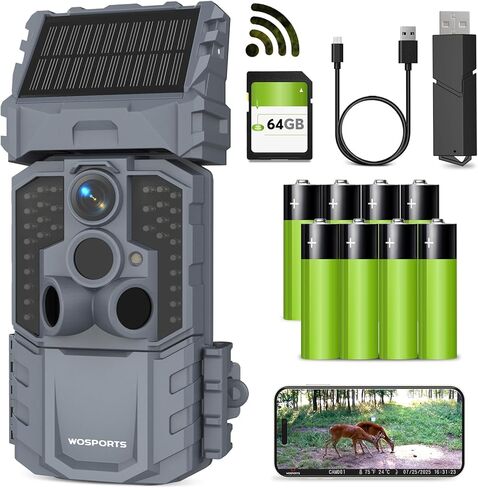 WOSPORTS 48MP WiFi Trail Camera with 7800mAh Rechargeable Solar Panel,Real 2K MP4 Video+Sound,Cell Phone App,0.1s Bluetooth Game Camera with Night Vision Motion Activated Waterproof, Gifts for Men in Saudi Arabia