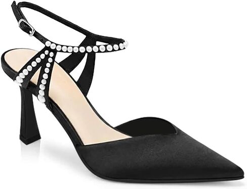 Coutgo Womens High Heels Closed Pointed Toe Satin Pumps Pearl Ankle Strap Wedding Party Dress Shoes in Saudi Arabia