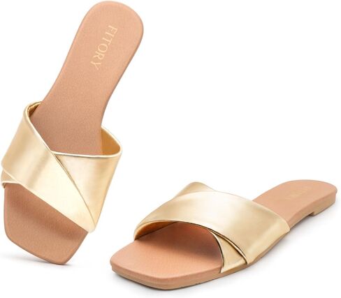 FITORY Women's Flat Sandals, Fashion Square Toe Slides with Cross-Strap | Soft Leather Slippers, Non-Slip Sole, All Day Comfortable Wear, Easy On & Off, Summer Beach Pool Vacation in Saudi Arabia