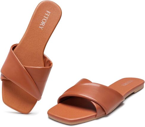 FITORY Women's Flat Sandals, Square Fashion Slides with Cross-Strap, Soft Leather Slippers for Summer Size 6-11 in Saudi Arabia