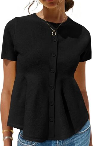 Saodimallsu Womens Short Sleeve Cardigans Ruffle Button Down Crew Neck Peplum Babydoll Knit Sweater Tops in Saudi Arabia